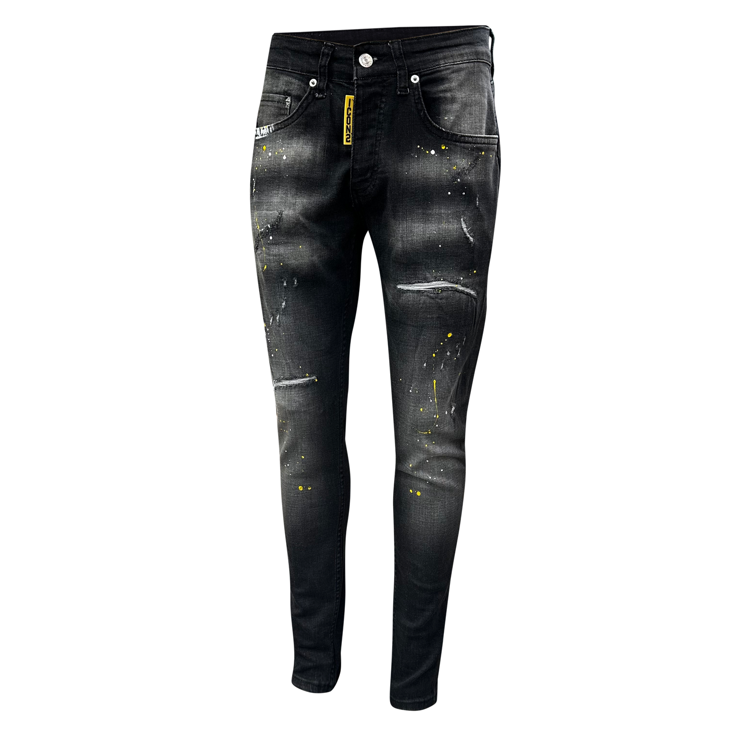 Icon2 zwarte slimfit jeans heren - stretch -gele verfspetters