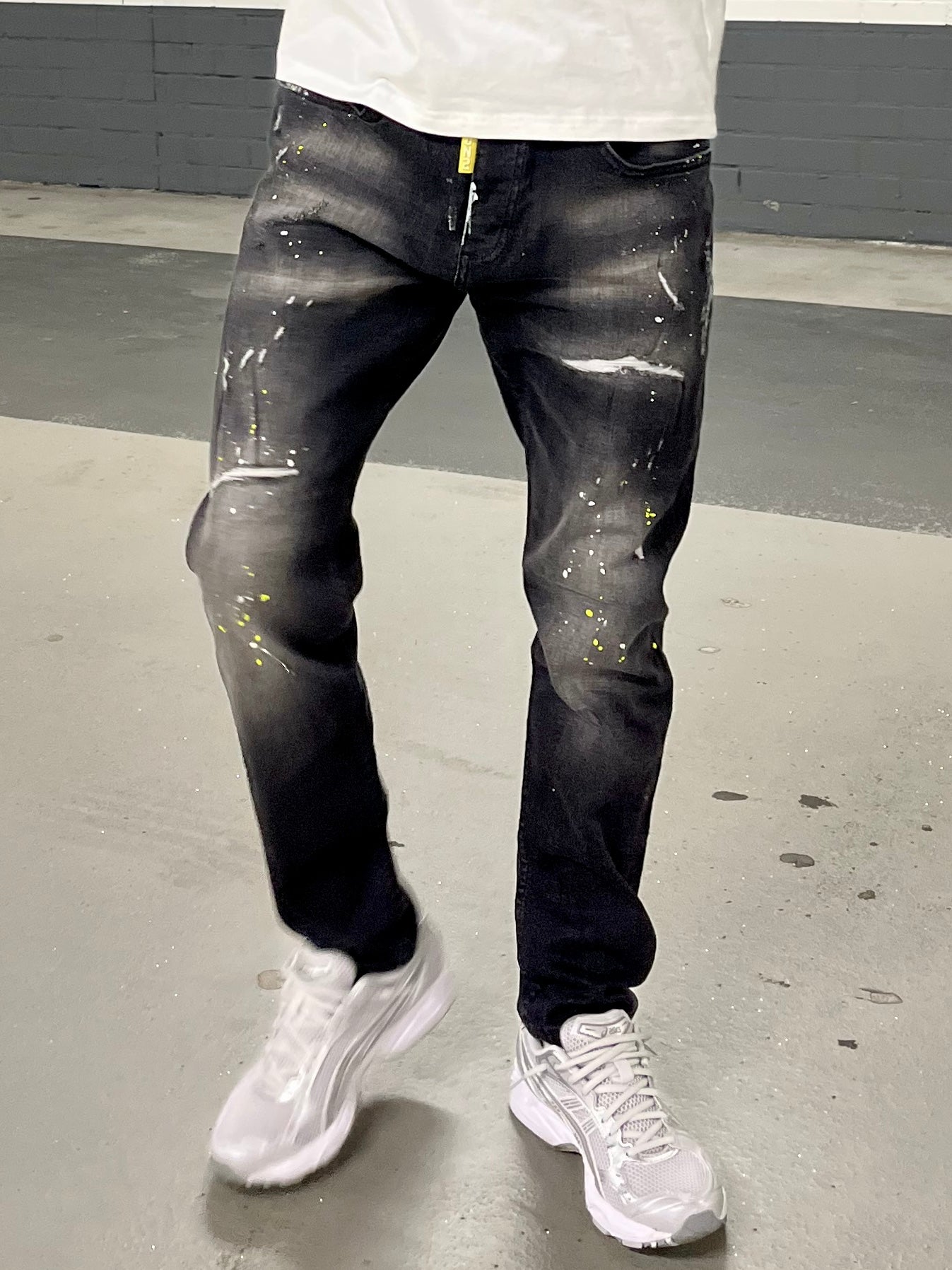 Icon2 zwarte slimfit jeans heren - stretch -gele verfspetters