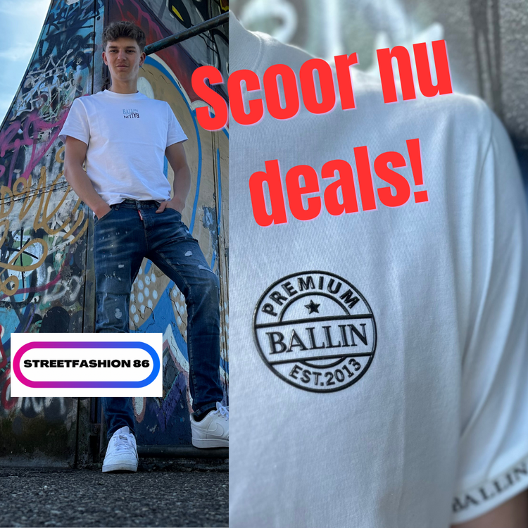 jonge man in streetwear van Streetfashion86 voor graffitiwand met “SCOOR NU DEALS” tekst – promotie voor Icon2 en Ballin sale