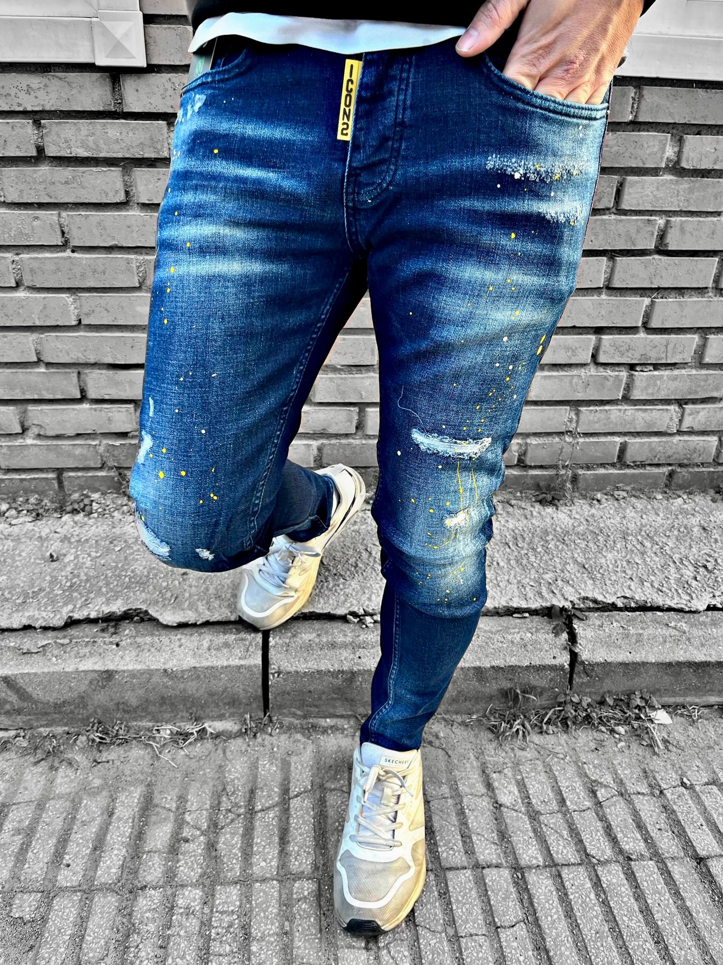 Slimfit heren jeans Icon2 blauw/geel - Streetfashion 86