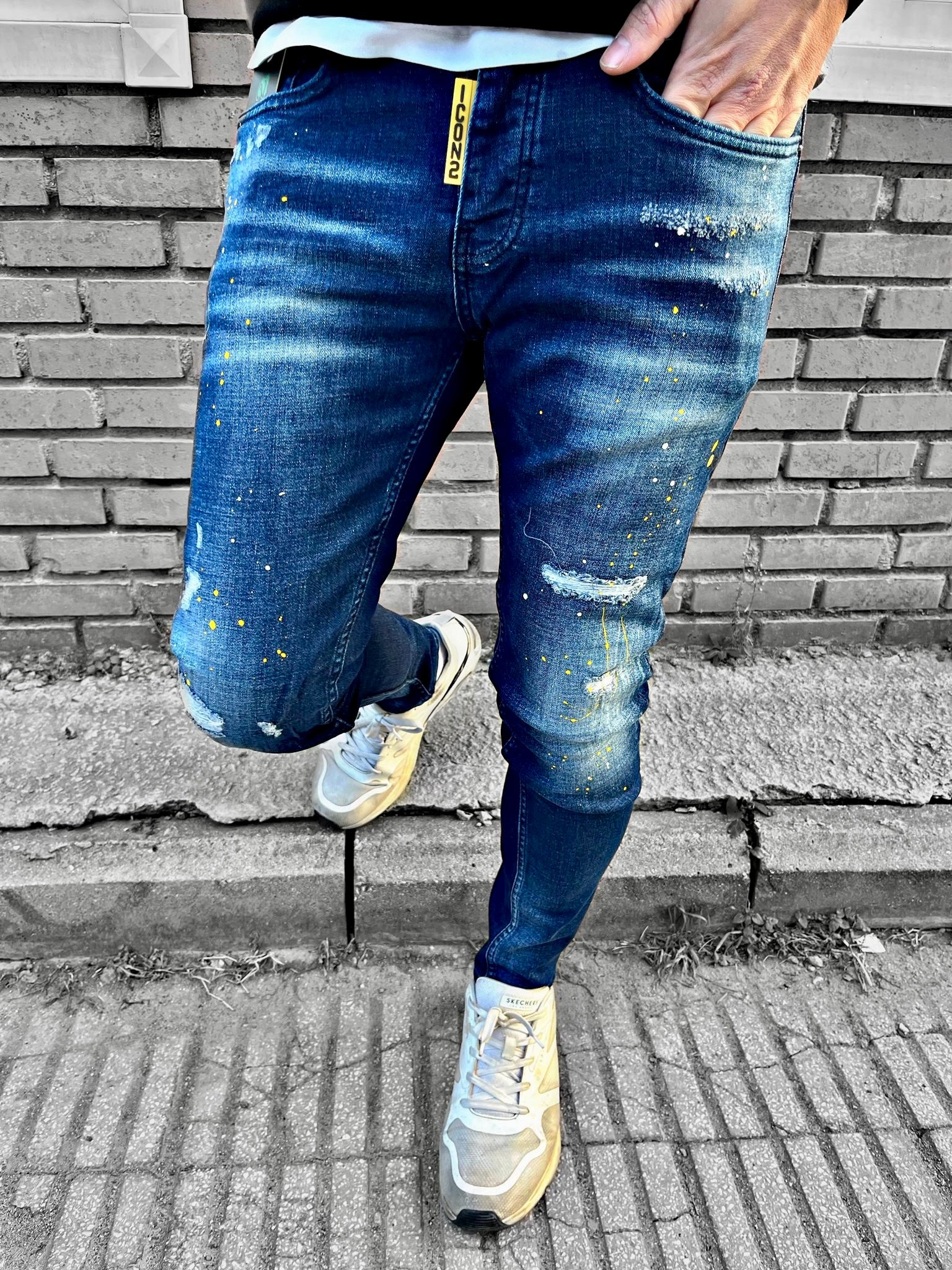 Slimfit heren jeans Icon2 blauw/geel - Streetfashion 86