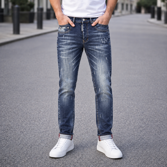 Icon2 blauw slimfit jeans 746/5 op model, AI visualisatie