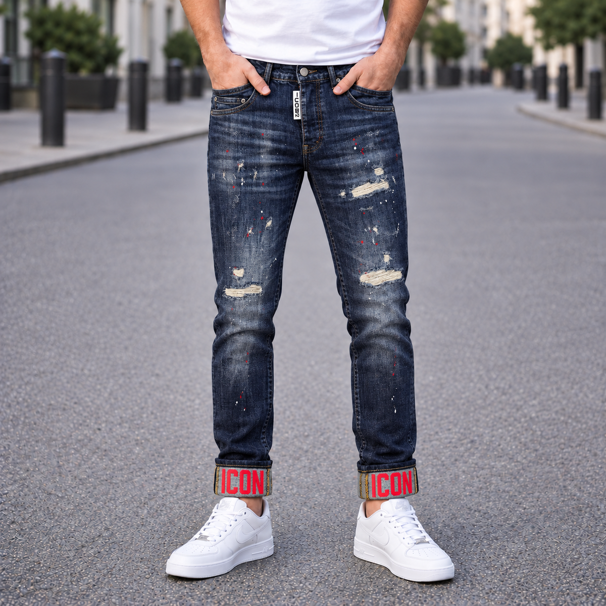 Icon2 blauw slimfit jeans 804/4 op model, AI visualisatie