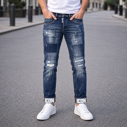 Icon2 blauw slimfit jeans 804/6 op model, AI visualisatie